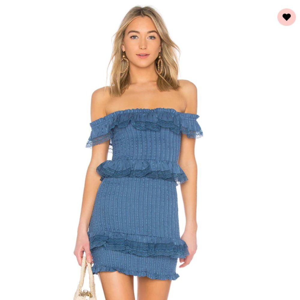 Tularosa Blue Off Shoulder Smocked Ruffle Mini Dress